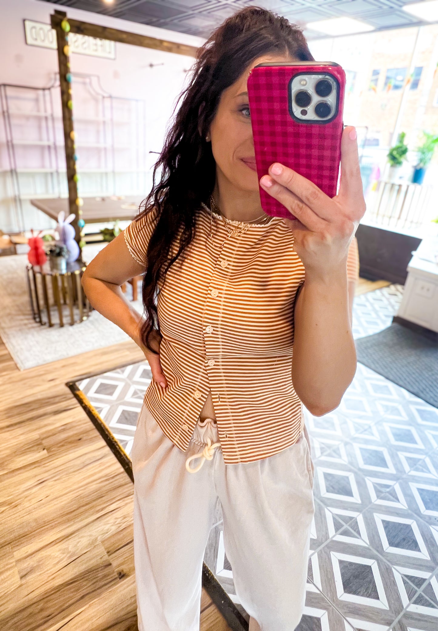 Olivaceous - Tahni Striped Button-Front Top