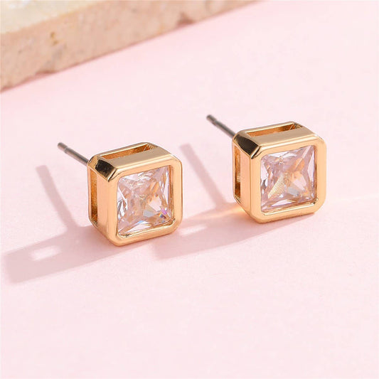 Rhinestone Bezel Square Round Stud Earring