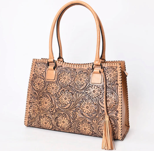 Natural tooled tassel AD bag
